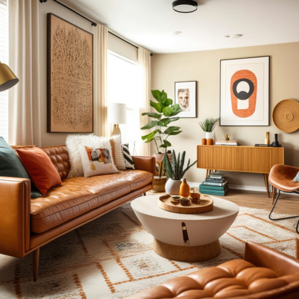 living room Mid Century style with warm colors. Ai generative